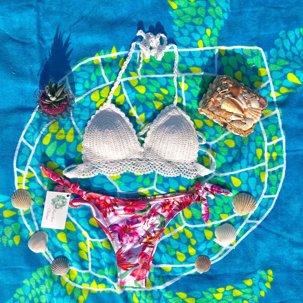 Crochet bikini top with floral bottoms